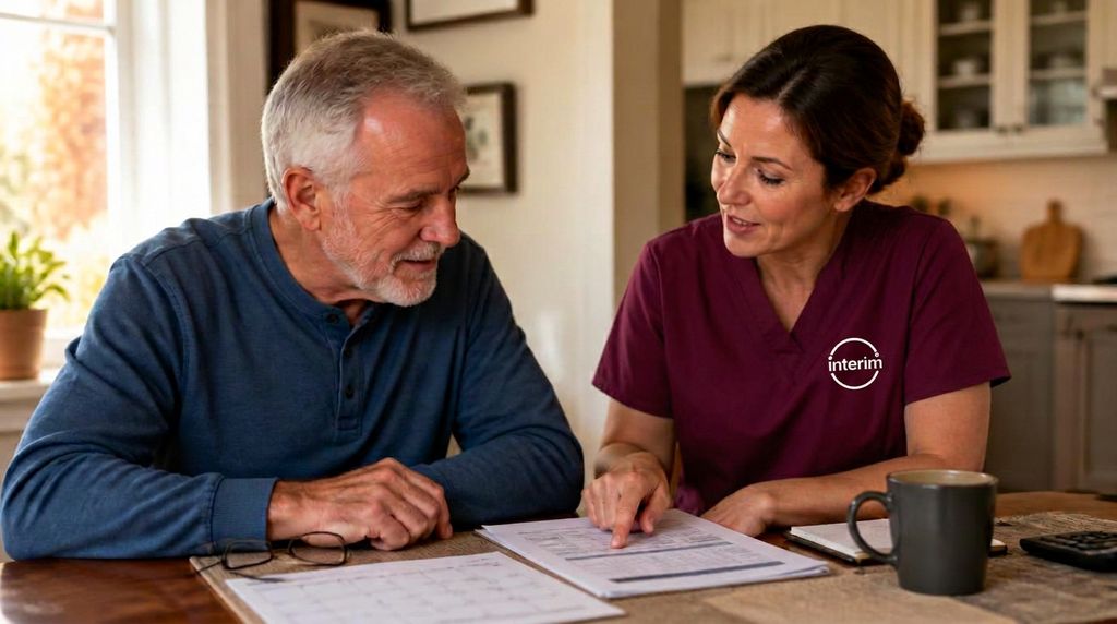 Veteran and Care Professional reviewing a Veteran Directed Care plan at home.