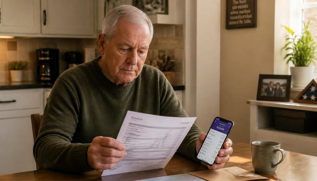 Veteran reviewing a VA benefit deposit on a bank statement at home.