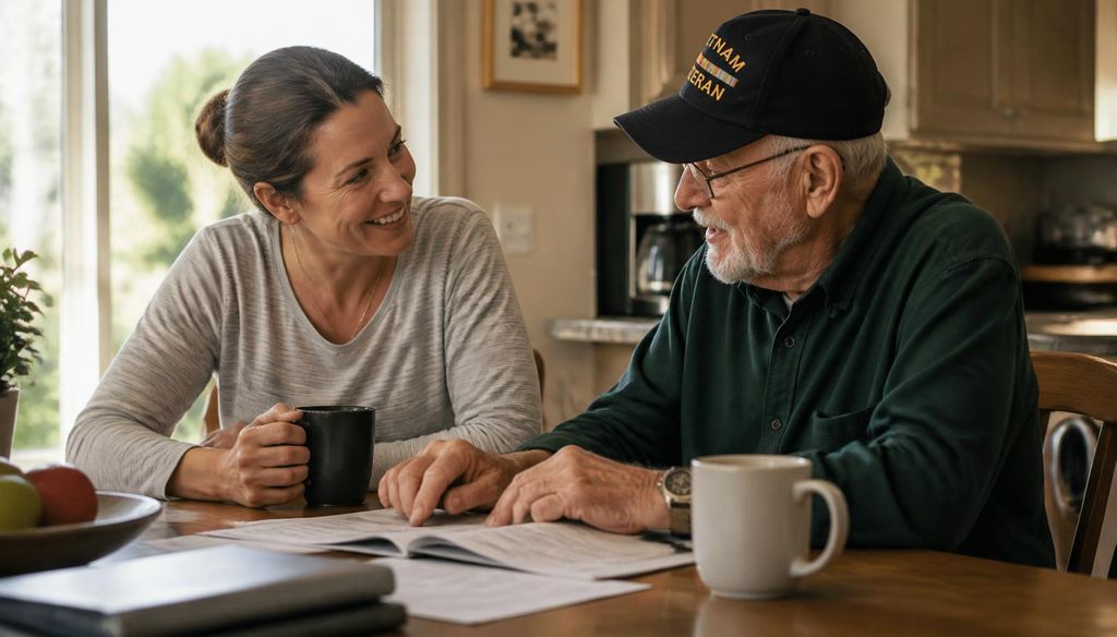 Family caregiver and veteran at home discussing caregiver program benefits.