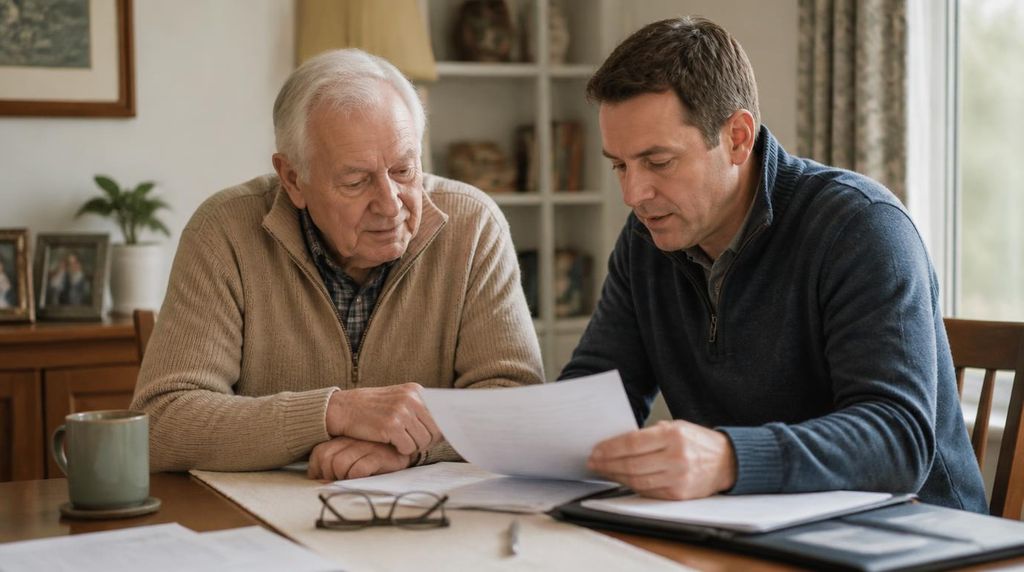 Senior veteran and family reviewing Medicare and VA benefits together at home.