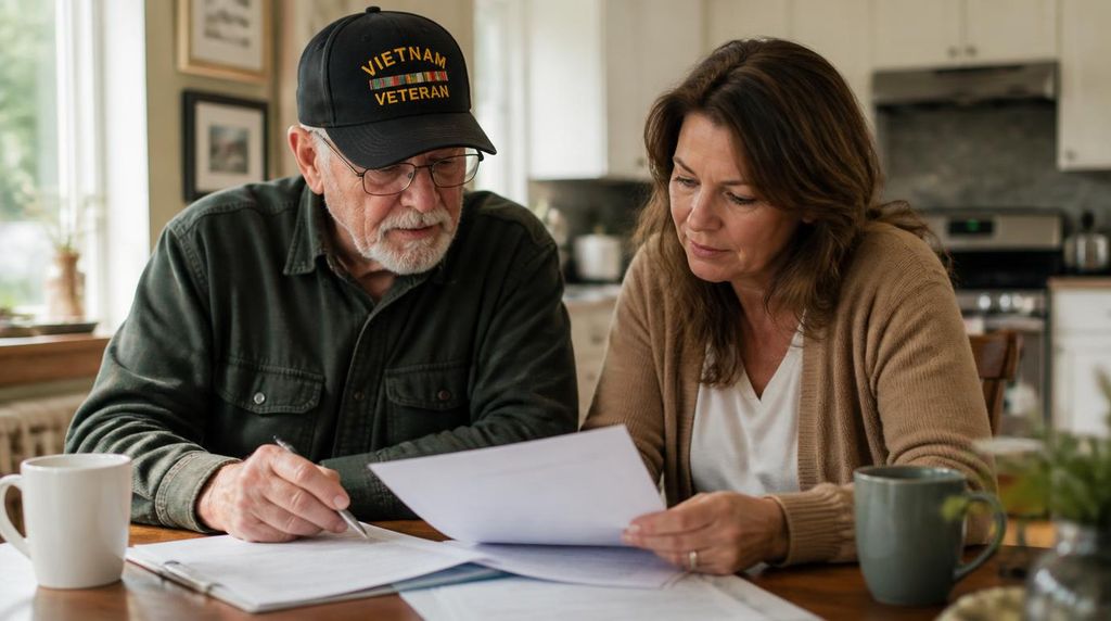 Veteran and family member reviewing VA Aid and Attendance application forms at home.
