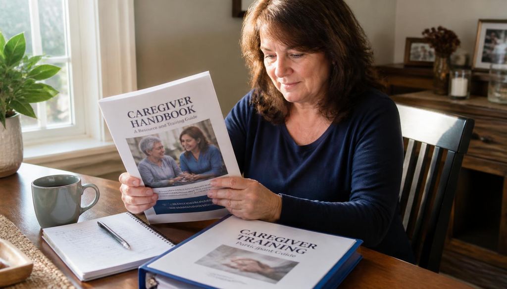 Family caregiver reviewing VA caregiver program training materials at home.