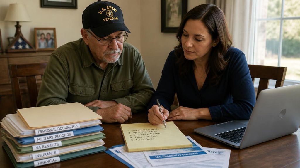 Veteran and family working through VA benefits step by step at home.