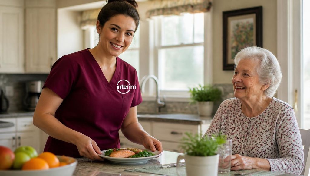 Care Professional performing everyday caregiving tasks for a senior client at home.