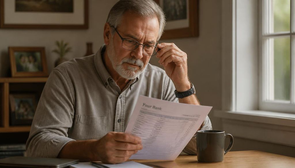 Veteran reviewing VA benefit deposit codes on a bank statement.