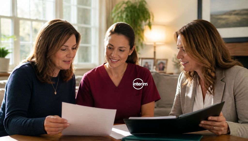 Care Professional coordinating with a geriatric care manager and family on a senior's care plan.